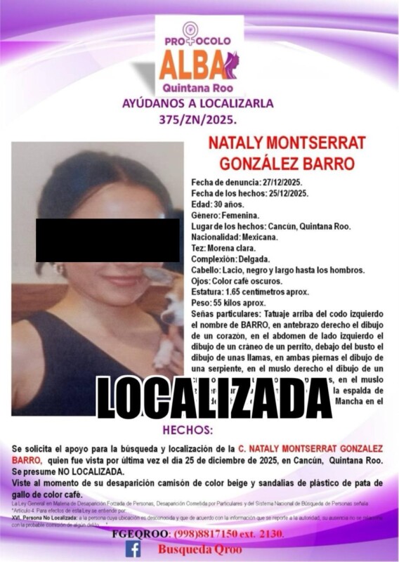 Localizan sin vida a una joven desaparecida la noche de Navidad en Cancún; el cuerpo de Nataly González fue hallado en un área verde de Jardines del Sur 6.