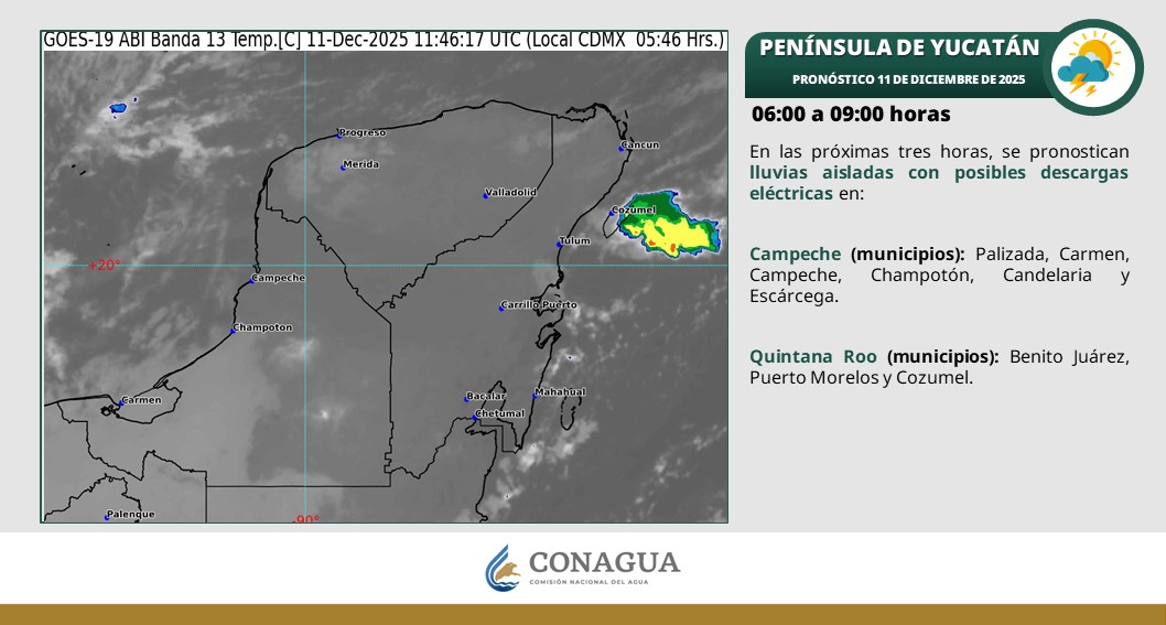 Pronóstico del clima en Quintana Roo para hoy; Cielo nublado con lluvias puntuales fuertes en Campeche (este) y Quintana Roo.