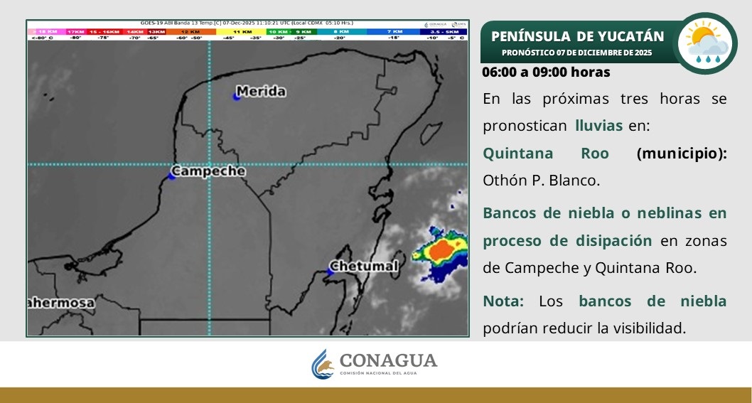 Pronóstico del clima en Quintana Roo para hoy domingo 7 de diciembre 2025; por la tarde, ambiente cálido con lluvias puntuales fuertes el estado, Campeche y Yucatán.
