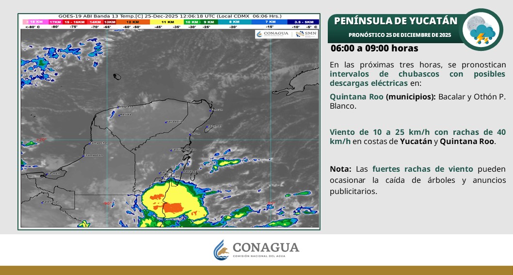 Pronóstico del clima en Quintana Roo para hoy jueves 25 de diciembre 2025; Cielo medio nublado con lluvias puntuales en Campeche y Quintana Roo.