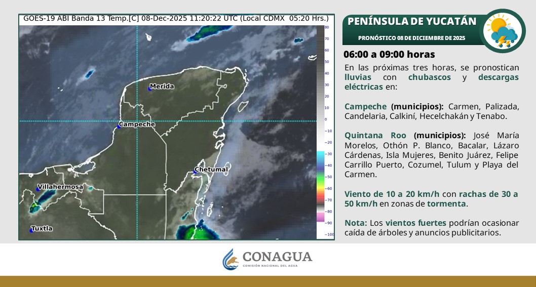 Pronóstico del clima: Cielo medio nublado a nublado con lluvias puntuales muy fuertes en el estado, Campeche y Yucatán.