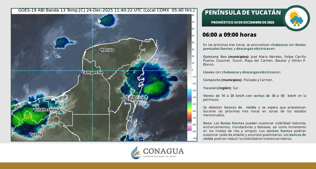 Pronóstico del clima en Quintana Roo para hoy; cielo medio nublado a nublado con lluvias puntuales muy fuertes en Quintana Roo, Campeche y Yucatán.