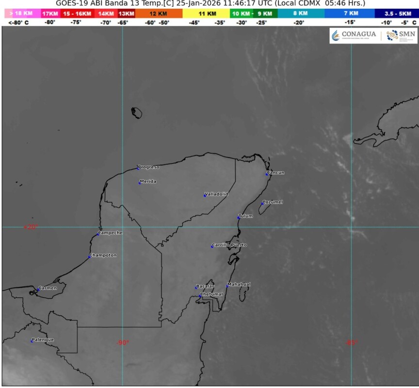 Pronóstico del clima; Cielo medio nublado en el transcurso del día, con lluvias aisladas en Campeche, y sin lluvia en Yucatán y Quintana Roo.