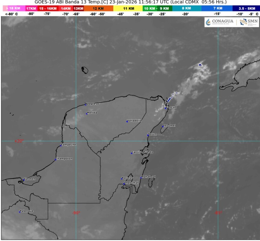 Pronóstico del clima en Quintana Roo para hoy viernes 23 de enero 2026; chubascos en Quintana Roo y lluvias aisladas en Campeche y sin lluvia en Yucatán.