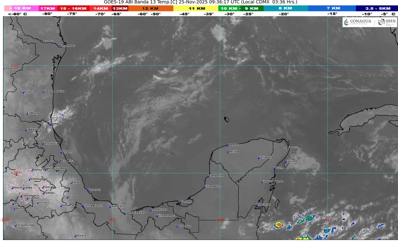 Pronóstico del clima para hoy miércoles 14 de enero 2026 en Quintana Roo; cielo medio nublado con probabilidad de lluvias e intervalos de chubascos en el estado, Campeche y Yucatán.