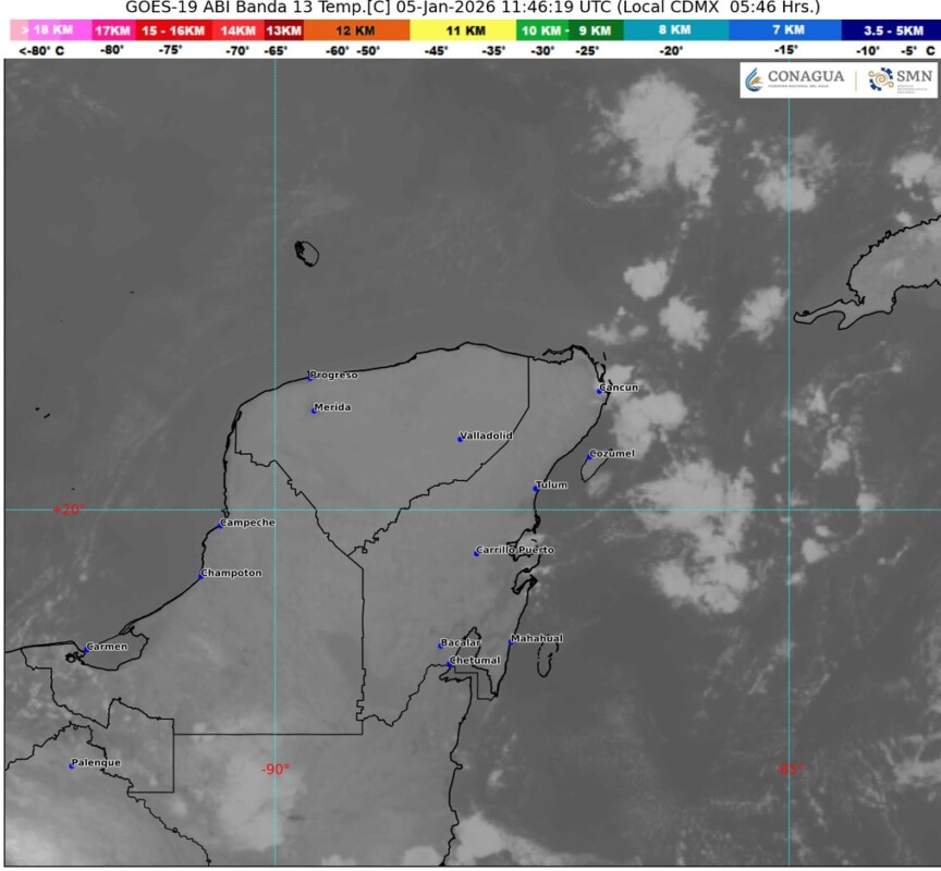 Pronóstico del clima para hoy lunes 5 de enero 2026 en Quintana Roo; cielo despejado a medio nublado con probabilidad de lluvias aisladas en el estado.