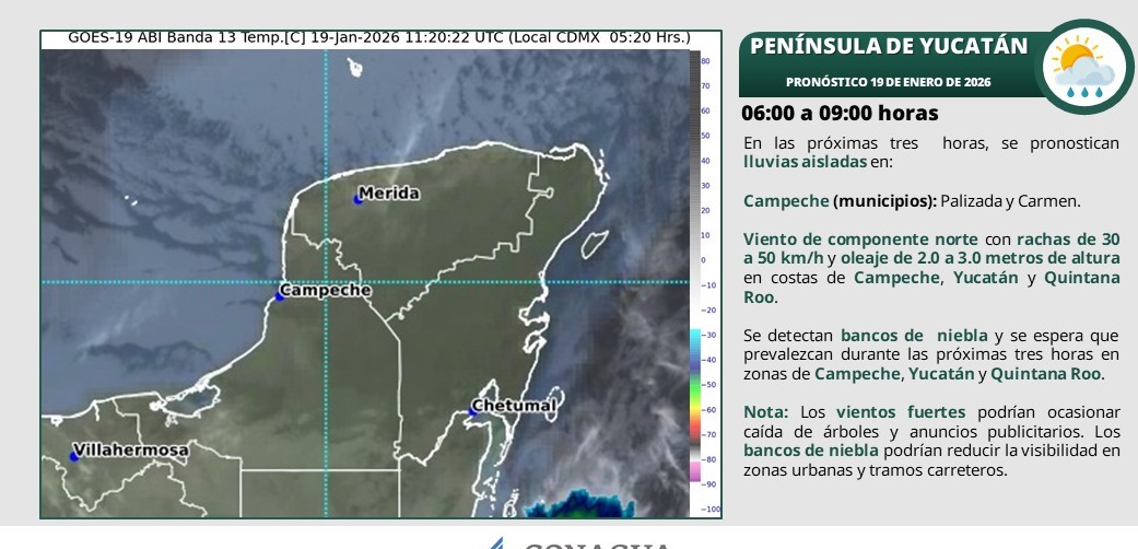 Pronóstico del clima en Quintana Roo; cielo medio nublado con chubascos en el estado, así como lluvias aisladas en Campeche y Yucatán.