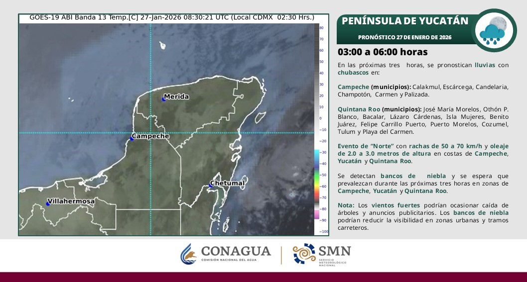 Pronóstico del clima en Quintana Roo para hoy martes 27; cielo medio nublado con chubascos en Quintana Roo y lluvias aisladas en Yucatán.