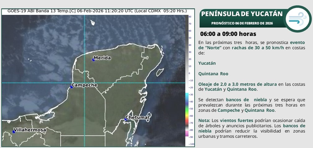 Pronóstico del clima en Quintana Roo para hoy viernes 6 de febrero 2026; cielo parcialmente nublado a medio nublado durante el día y sin lluvia.