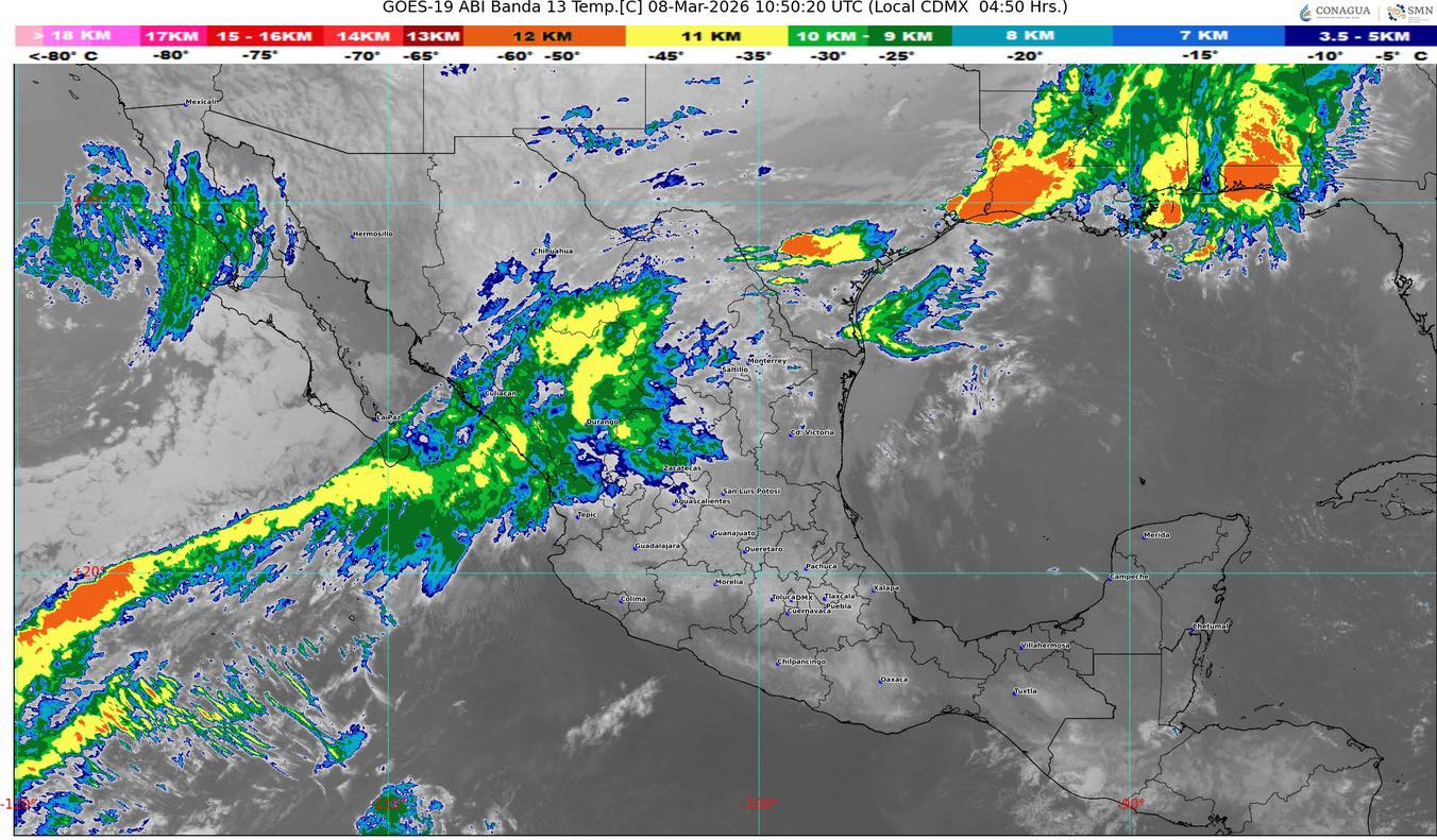Cielo medio nublado a nublado en el transcurso del día, con intervalos de chubascos y descargas eléctricas en la Península de Yucatán.