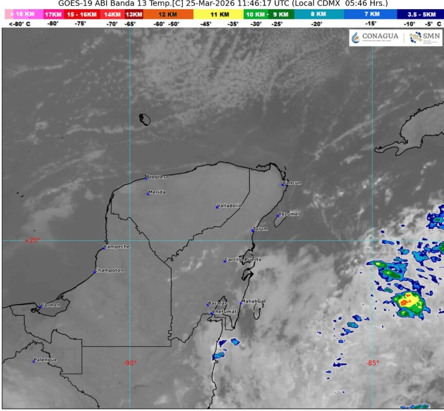 Cielo medio nublado en el transcurso del día, con chubascos y posibles descargas eléctricas en Campeche y Quintana Roo, además de lluvias aisladas en Yucatán.