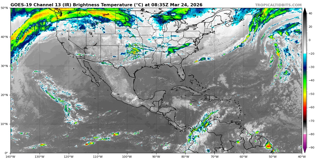 Pronóstico del clima para hoy. Cielo medio nublado en el transcurso del día, con lluvias aisladas en Campeche y Quintana Roo, sin lluvia en Yucatán.