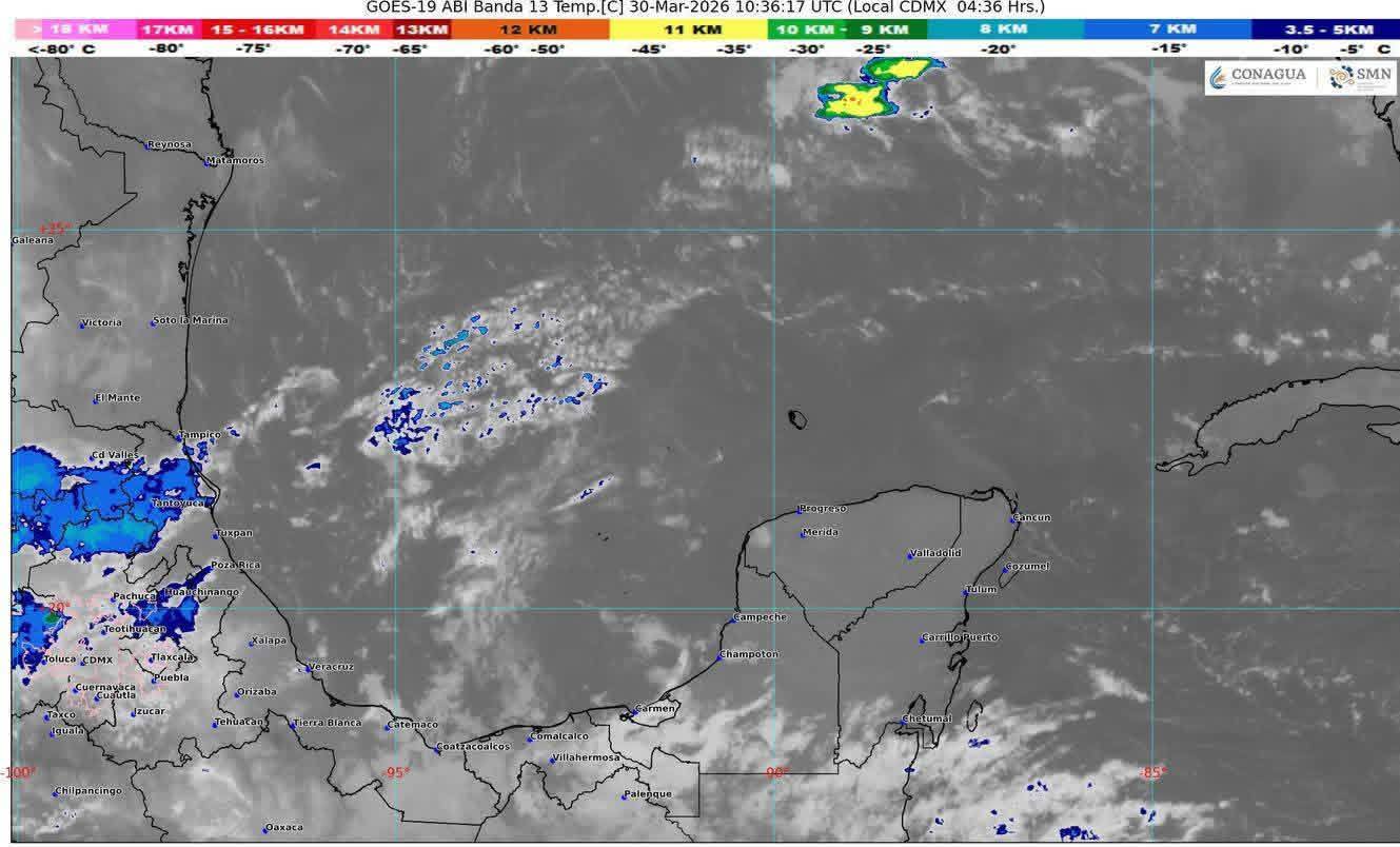Cielo medio nublado con lluvias puntuales fuertes y descargas eléctricas en Campeche y Quintana Roo, las cuales podrían originar encharcamientos.