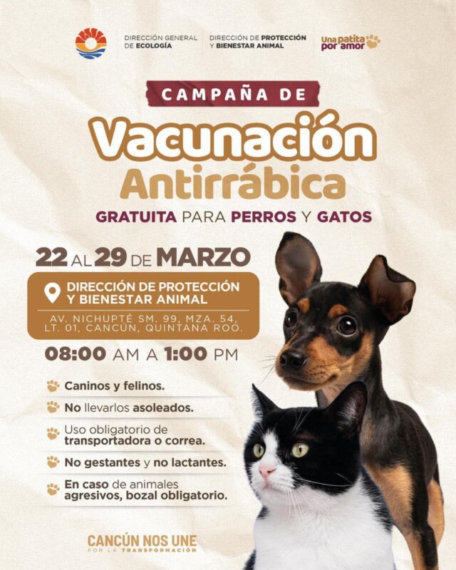 INVITA AYUNTAMIENTO DE BENITO JUÁREZ A CAMPAÑA DE VACUNACIÓN ANTIRRÁBICA