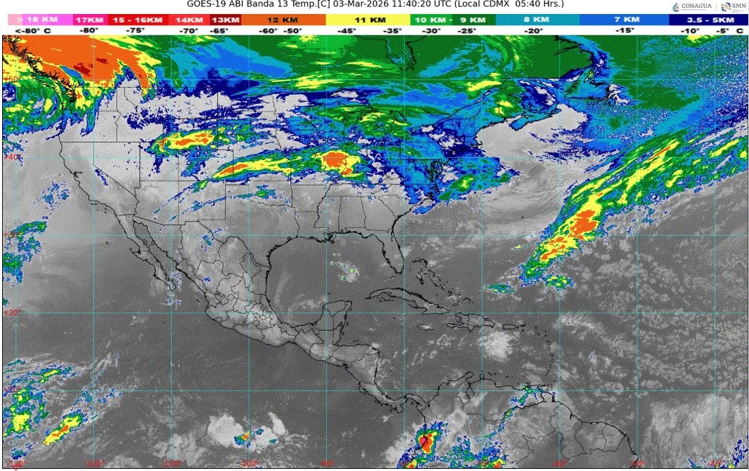 Pronóstico del clima para hoy: Cielo medio nublado a nublado en el transcurso del día, con chubascos y posibles descargas eléctricas en Campeche, Yucatán y Quintana Roo