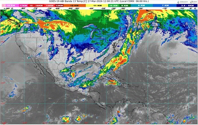 Cielo nublado en el transcurso del día con lluvias puntuales intensas en Campeche (este y suroeste) y Quintana Roo (este y suroeste), así como muy fuertes en Yucatán (noreste)