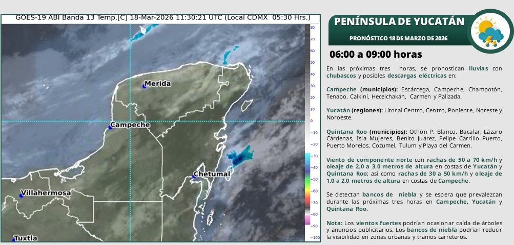 Cielo nublado en el transcurso del día con lluvias puntuales fuertes en Quintana Roo, mismas que podrían generar encharcamientos e inundaciones, además de intervalos de chubascos en Campeche y Yucatá
