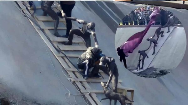 Escultura inmortaliza acto heroico de ciudadanos que salvaron a perrito en Kazajistán