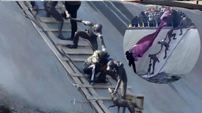 Escultura inmortaliza acto heroico de ciudadanos que salvaron a perrito en Kazajistán