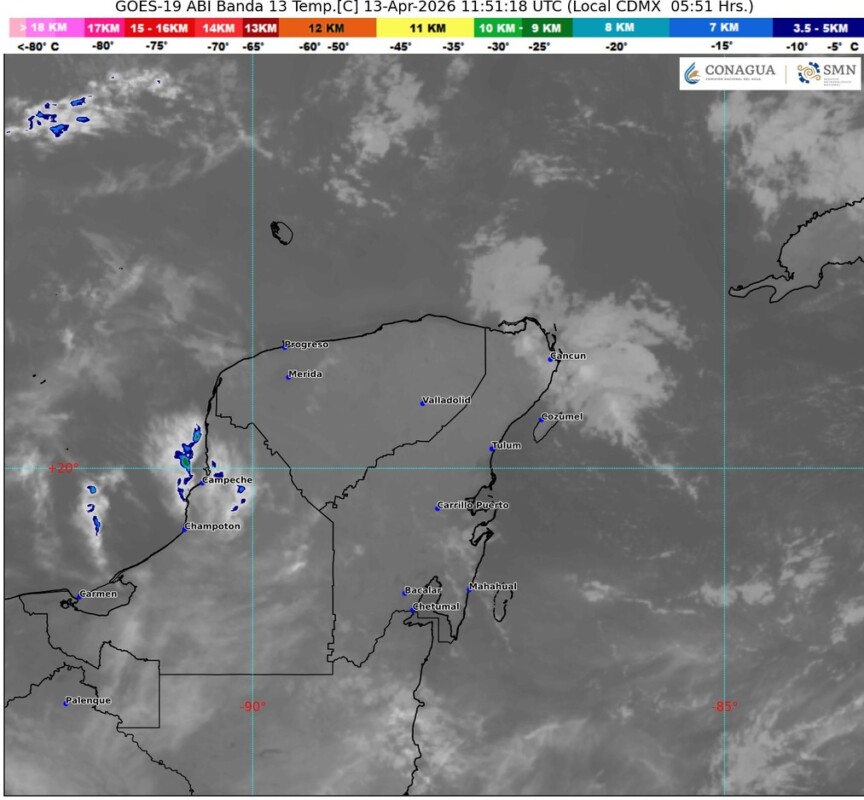 Pronóstico del clima para hoy: Cielo medio nublado en el transcurso del día, con lluvias aisladas en Campeche, Yucatán y Quintana Roo.