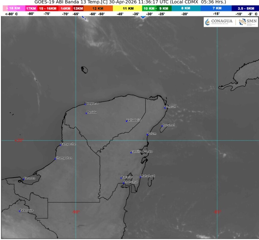 En el transcurso del día, cielo despejado a parcialmente nublado, sin lluvia en Campeche, Yucatán y Quintana Roo. Por la mañana, ambiente templado a cálido. Durante la tarde, ambiente caluroso.
