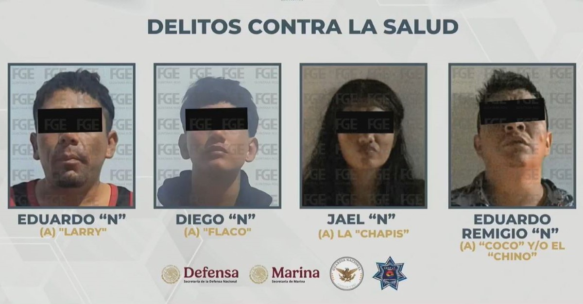 Capturan en Cancún a cuatro presuntos integrantes de grupo dedicado a la extorsión, narcomenudeo y ataques armados