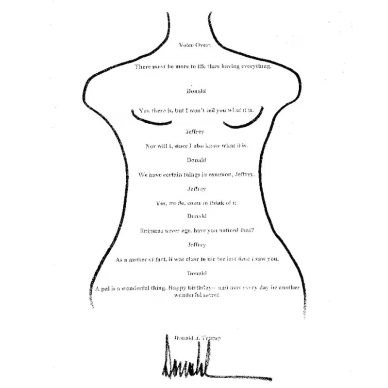 Misiva presuntamente escrita y firmada por el propio Donald Trump, enviada al pederasta Jeffrey Epstein en su cumpleaños número 50. 