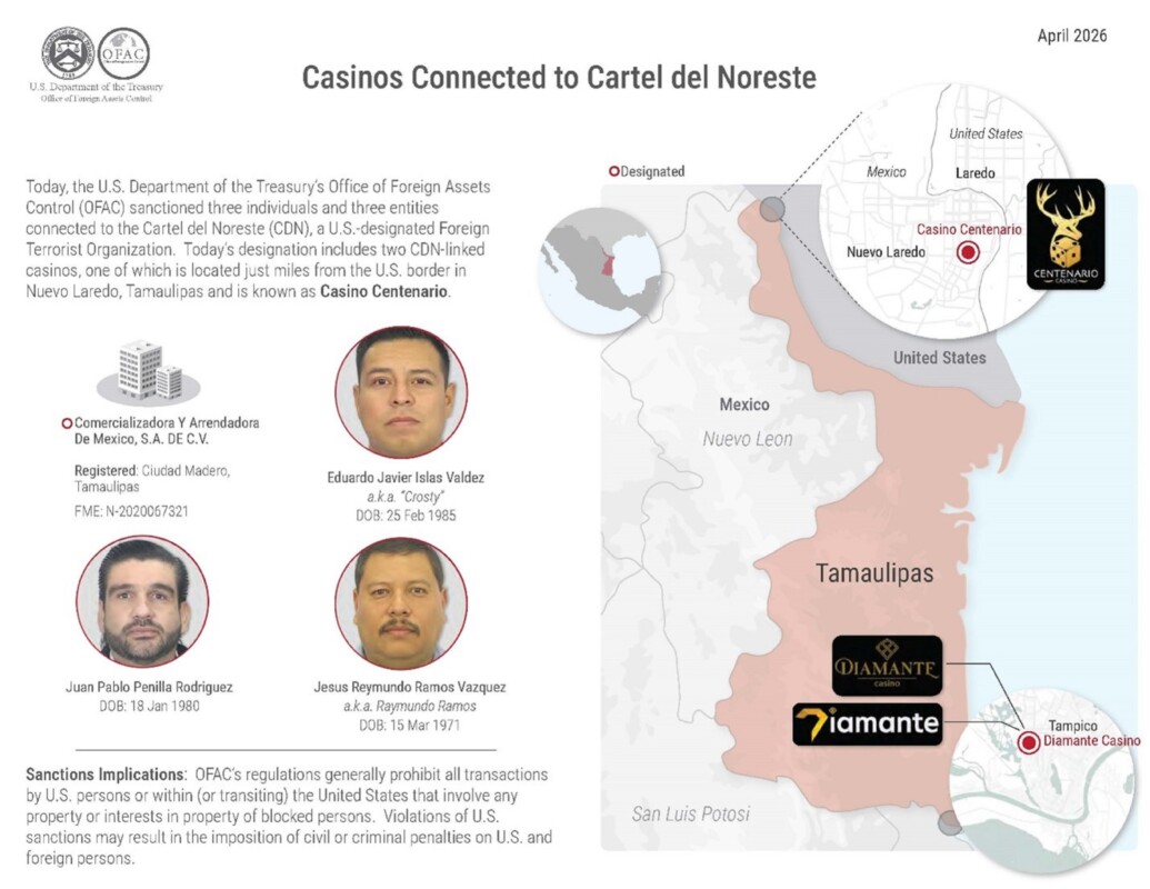 Sancionan a red de casinos ligada al Cártel del Noreste