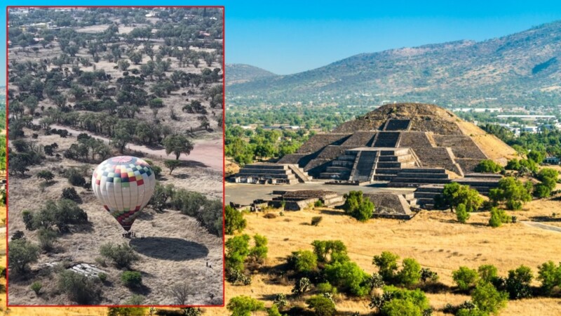 Globo aerostático aterriza de emergencia en la Zona Arqueológica de Teotihuacán