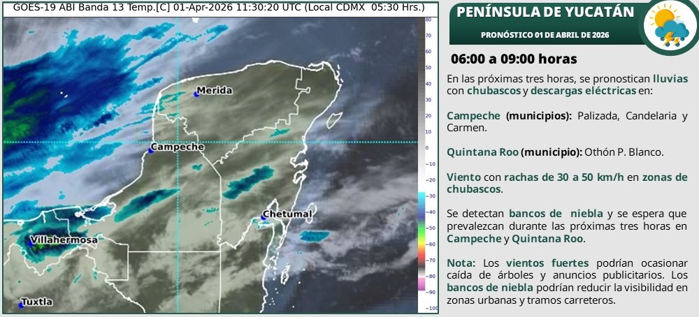 Pronóstico del clima para hoy. Cielo medio nublado a nublado en el transcurso del día, con lluvias puntuales fuertes, en zonas de Campeche, Yucatán y Quintana Roo.