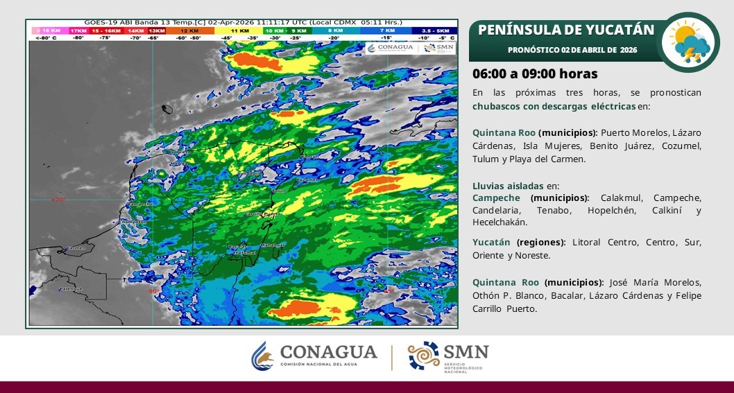 Cielo medio nublado a nublado en el transcurso del día, con lluvias puntuales fuertes en zonas de Campeche, Yucatán y Quintana Roo.
