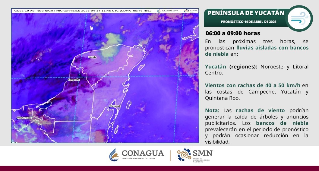 Pronóstico del clima para hoy: Ambiente cálido a caluroso; probabilidad de lluvias aisladas en zonas de Campeche, Yucatán y Quintana Roo.