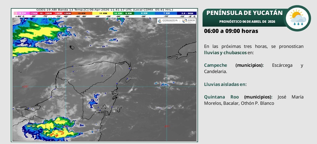 Pronóstico del clima: Cielo medio nublado con lluvias muy fuertes en Campeche y lluvias fuertes en Yucatán y Quintana Roo.