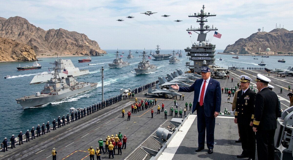 En imagen creada con IA, el "gandúl" presidente de Estados Unidos es ahora quien impide el paso de barcos por el estrecho de Ormuz. Una falacia el discurso de que Irán se aprovechaba del bloqueo. 