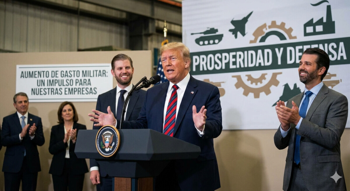 Imagen creada con IA. Donald Trump, secundado por un par de beneficiados del aumento en el gasto militar que son sus hijos Eric y Donald Trump Jr. ¿Hasta cuándo y hasta dónde podrá aguantar el pueblo estadounidense sin destituir a su mandatario?