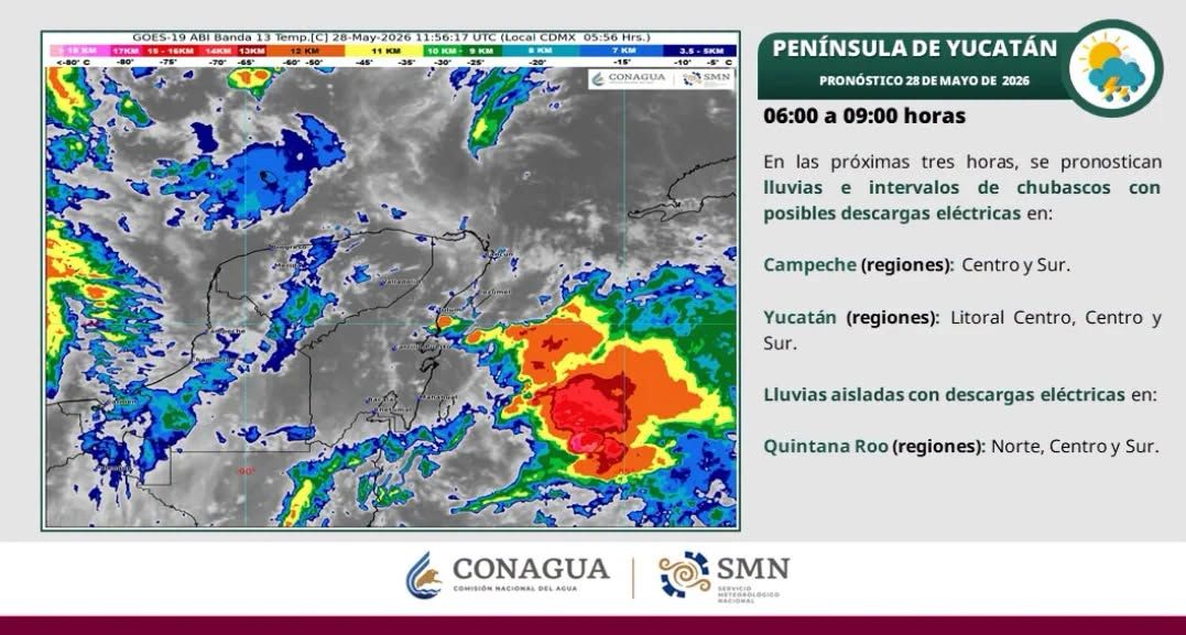 Posibilidad de lluvias aisladas y chubascos matutinos. Durante la tarde, ambiente caluroso en la región, siendo muy caluroso y con prevalencia de la onda de calor en Campeche (norte) y Yucatán (oeste