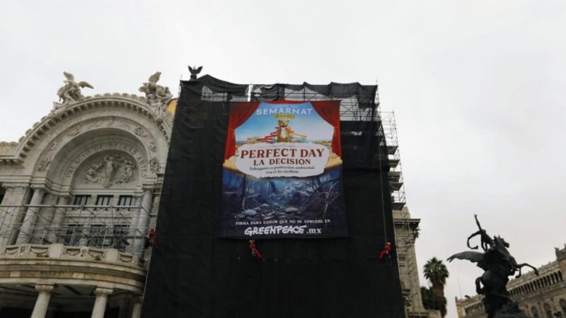 Despliegan manta en Bellas Artes contra proyecto en Mahahual