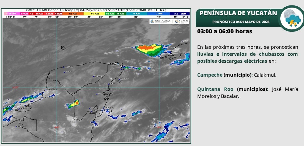 Pronóstico del clima para hoy: Cielo medio nublado a nublado, con chubascos y posibles descargas eléctricas en Campeche, Yucatán y Quintana Roo.