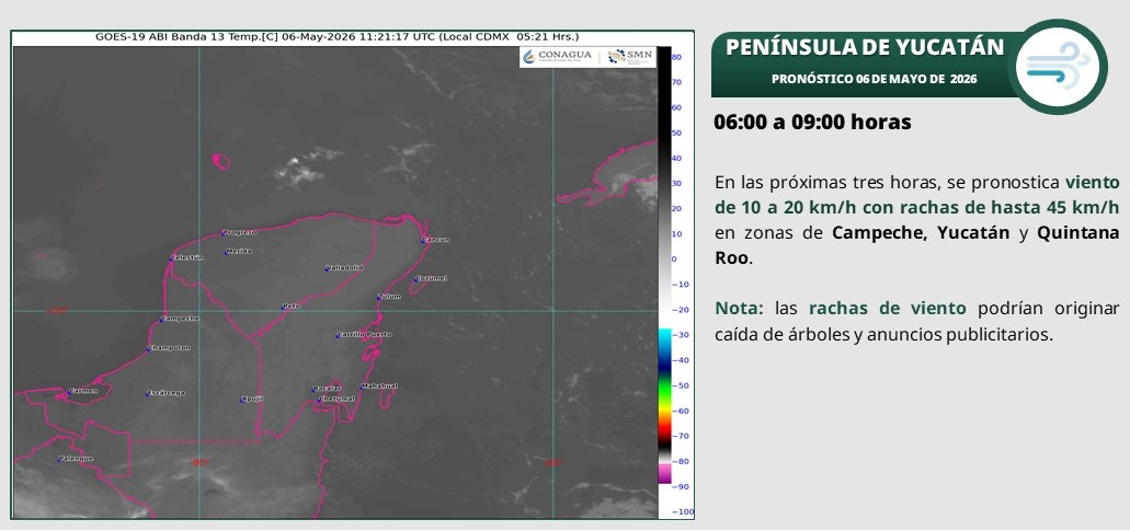 Cielo parcialmente nublado a medio nublado, con probabilidad de lluvias aisladas y posibles descargas eléctricas en Quintana Roo; y despejado a medio nublado, sin lluvia en Campeche y Yucatán.