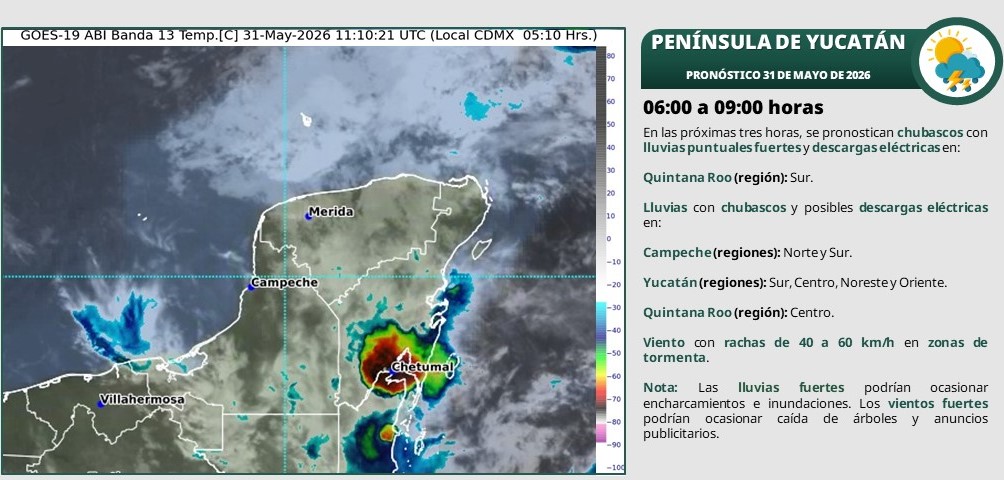 En el transcurso del día, cielo medio nublado a nublado con lluvias puntuales intensas acompañadas con descargas eléctricas en Campeche (este, oeste y sur), Yucatán (oeste y sur) y Quintana Roo (sur).