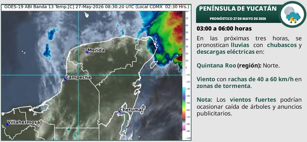 Pronóstico del clima en Quintana Roo para hoy miércoles 27 de mayo 2026. En el transcurso del día, cielo medio nublado a nublado con lluvias fuertes y descargas eléctricas en Campeche (suroeste y costa), Yucatán (oeste) y Quintana Roo (costa).
