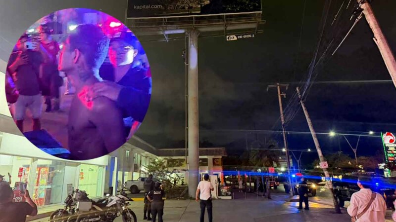 Indigente roba en una gasolinera de Cancún y huye subiendo a un anuncio espectacular