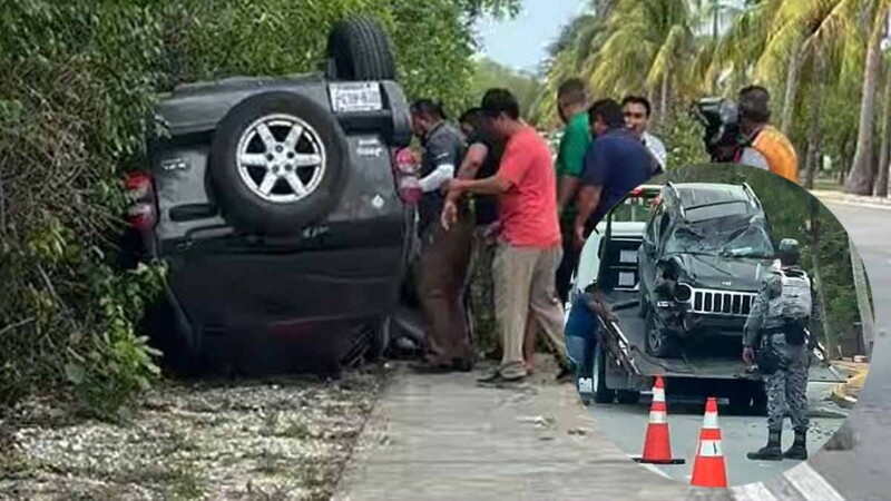 Volcadura de camioneta moviliza a autoridades en zona hotelera de Cancún