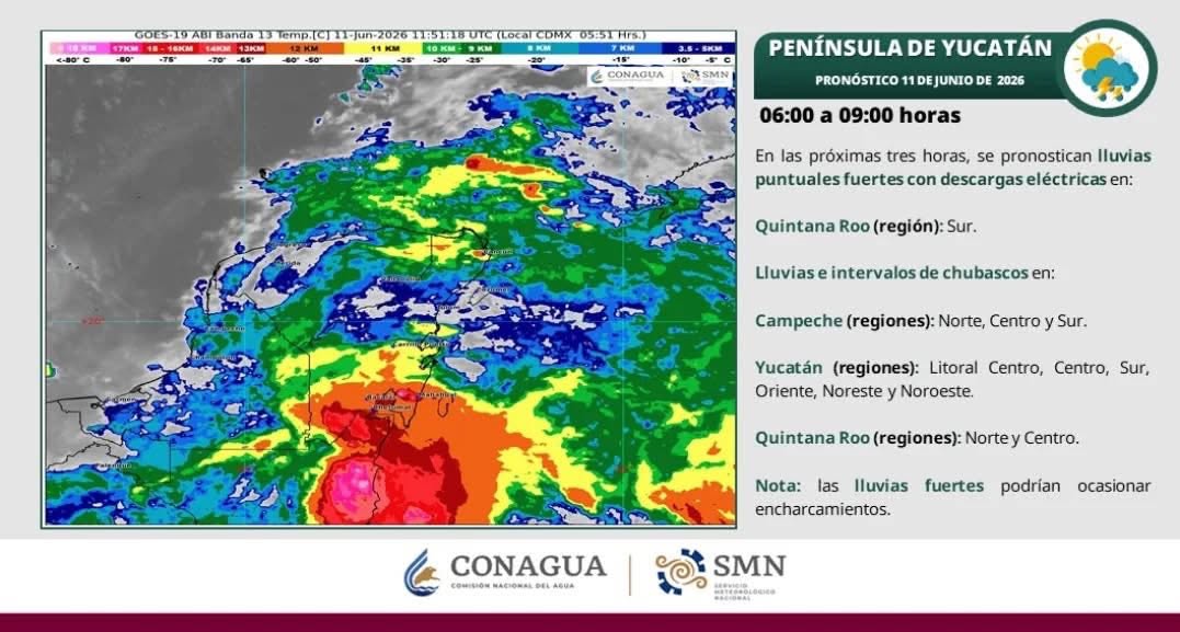 Cielo nublado con lluvias puntuales intensas en Campeche (noreste, oeste y suroeste), Yucatán (este y norte) y Quintana Roo (norte, centro y sur), todas con descargas eléctricas, las cuales podrían originar deslaves, encharcamientos, inundaciones locales y visibilidad reducida.