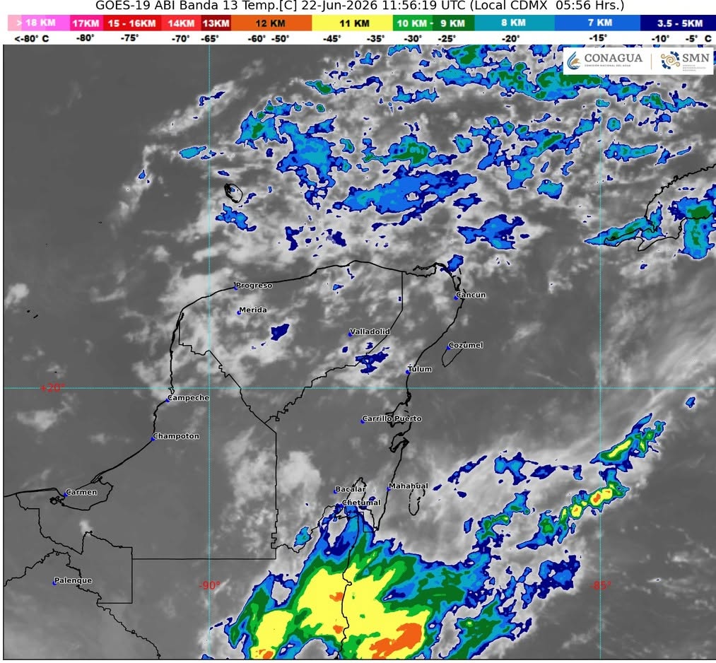 Cielo medio nublado a nublado en el transcurso del día, con lluvias puntuales fuertes en Campeche (suroeste) e intervalos de chubascos en Yucatán y Quintana Roo.