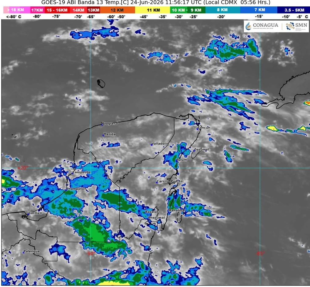 Cielo medio nublado a nublado en el transcurso del día, con chubascos y posibles descargas eléctricas en Campeche, Yucatán y Quintana Roo.