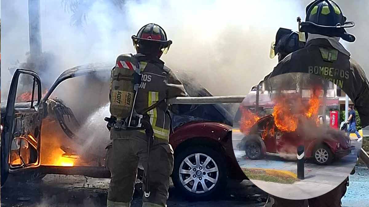 Presunto corto circuito reduce a cenizas un "vocho" en avenida de Cancún
