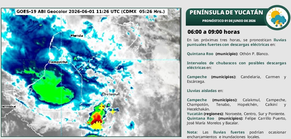 En el transcurso del día, cielo medio nublado a nublado. Por la mañana ambiente cálido. Posibilidad de lluvias aisladas y chubascos matutinos en el sur de Quintana Roo. Durante la tarde, ambiente caluroso a muy caluroso