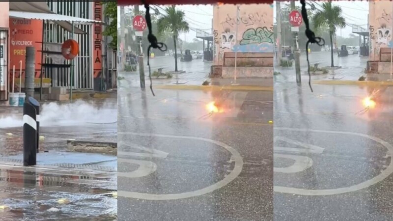 Estalla transformador de CFE en plena lluvia de Cancún