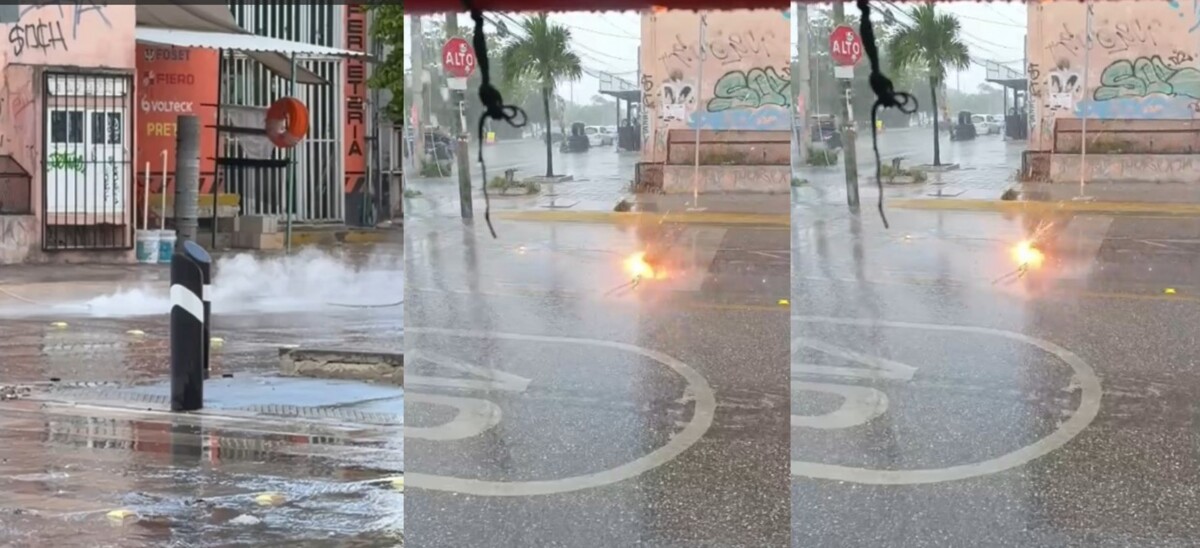 Estalla transformador de CFE en plena lluvia de Cancún
